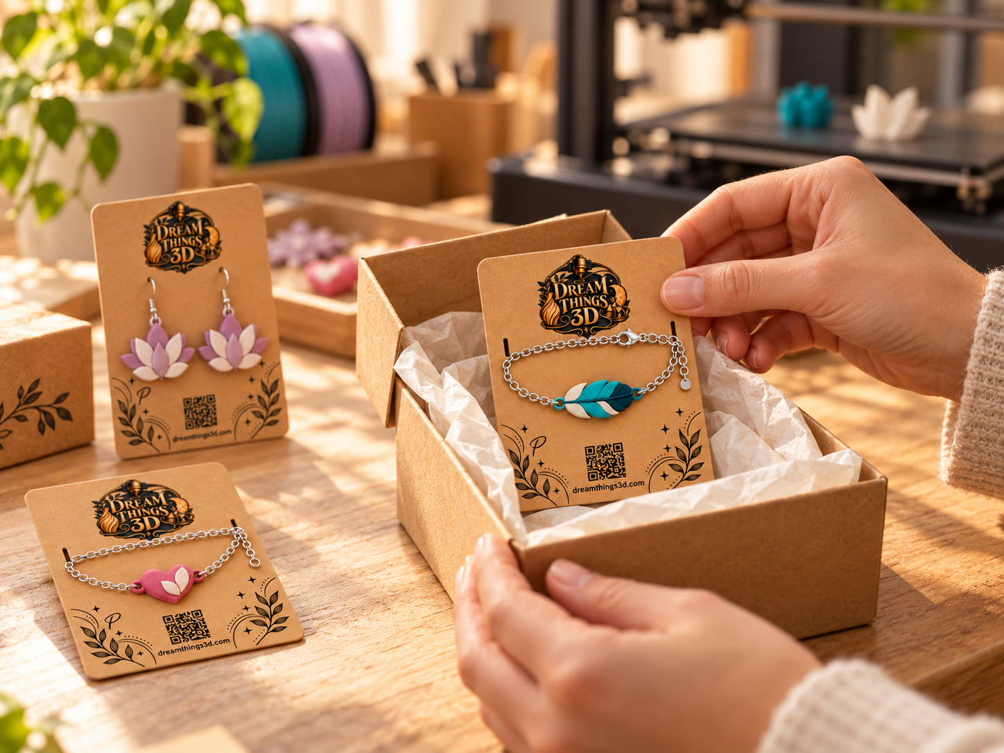 Preparación cuidadosa de bisutería impresa en 3D sobre tarjetas kraft para su envío