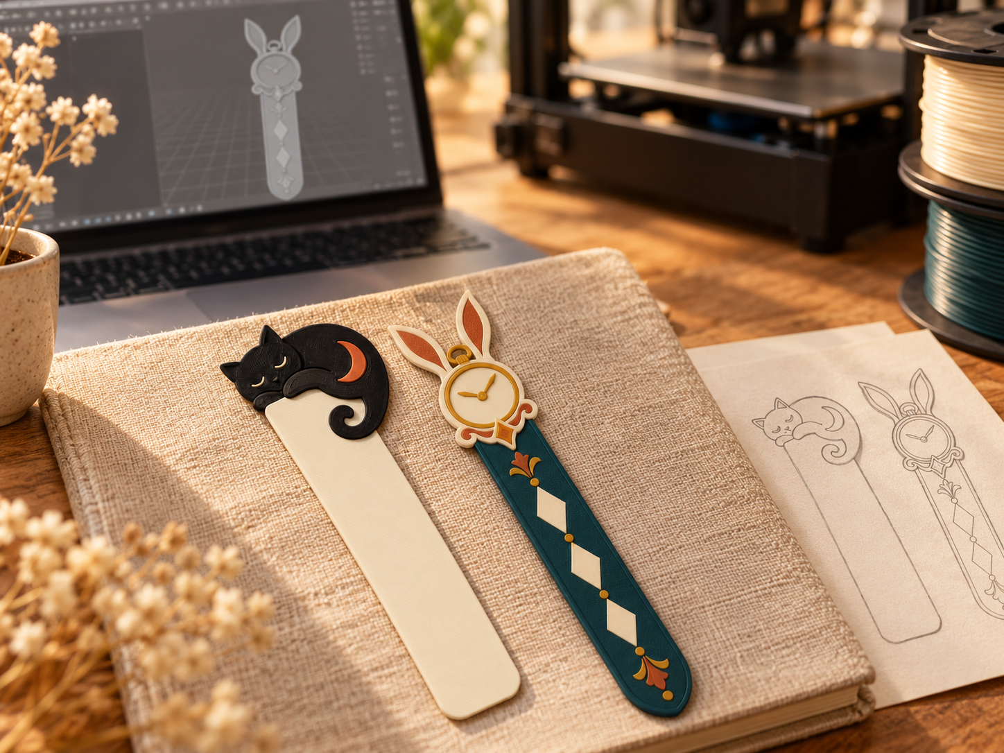 Ejemplo ilustrativo de marcapáginas de gato y conejo con reloj en un taller de diseño 3D
