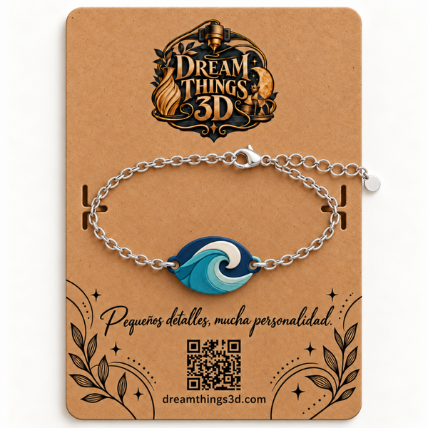 Pulsera Ola turquesa 3D con cadena