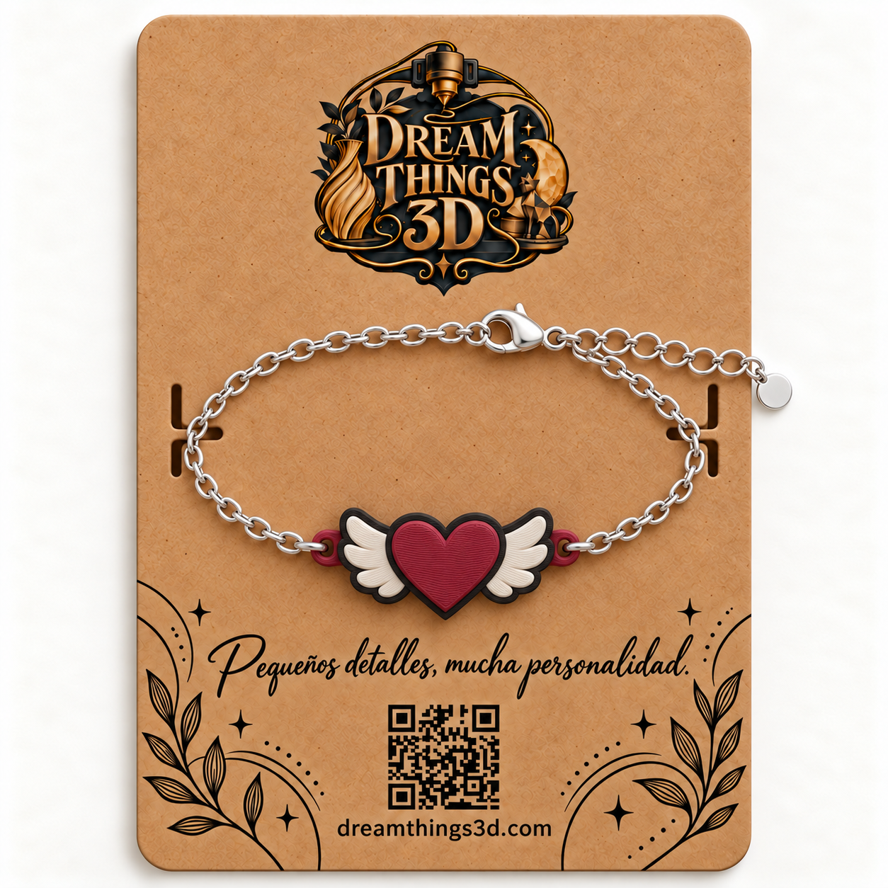 Pulsera Corazón alado 3D con cadena