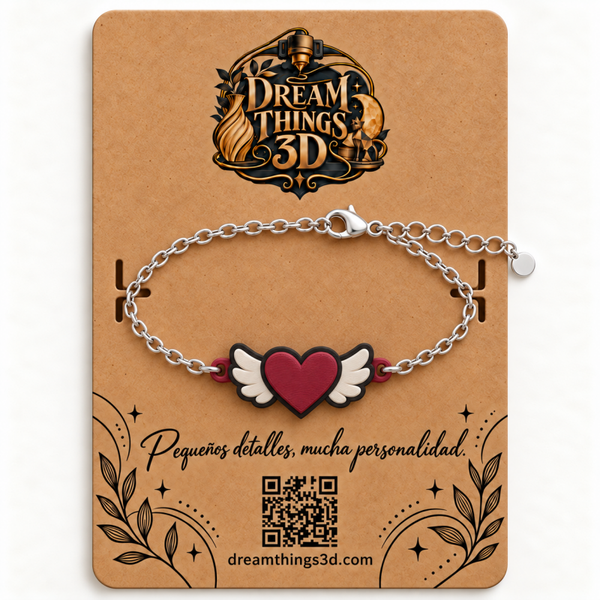 Pulsera Corazón alado 3D con cadena