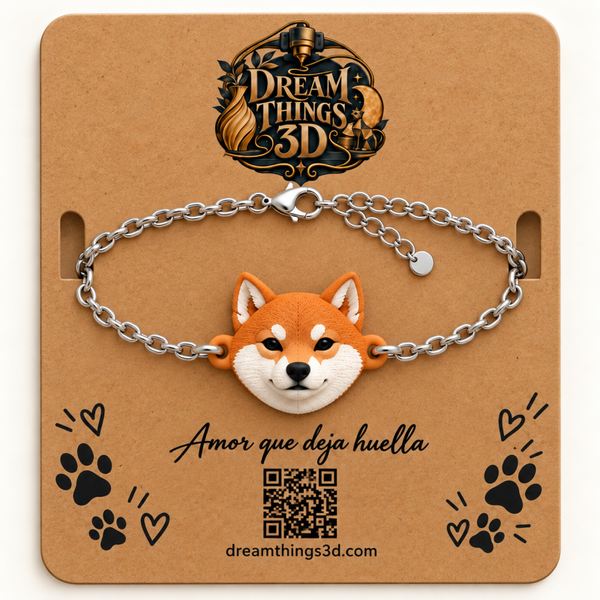Pulsera Shiba inu 3D con cadena
