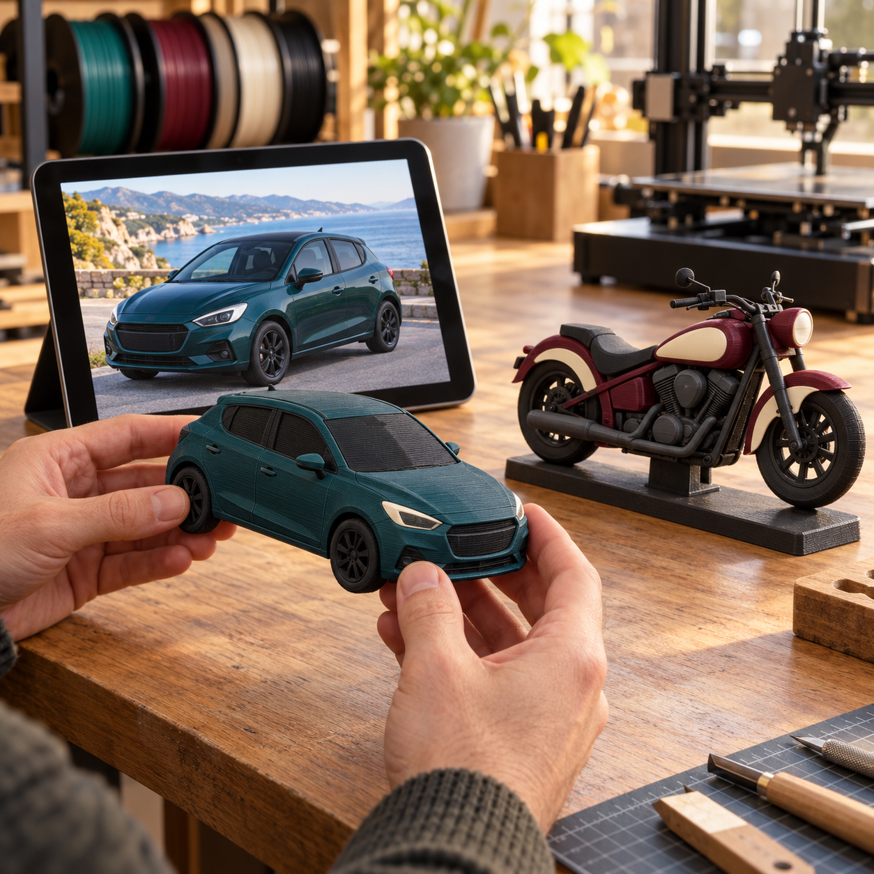 Ejemplo ilustrativo de coche y moto recreados como miniaturas a partir de fotos