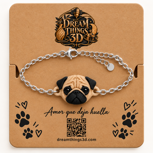 Pulsera Pug 3D con cadena
