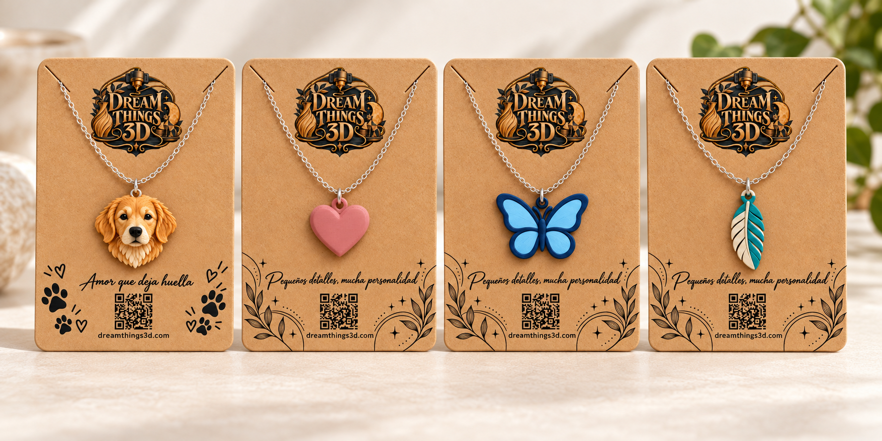 Colección de colgantes 3D con cadena: golden retriever, corazón, mariposa azul y pluma sobre tarjetas kraft