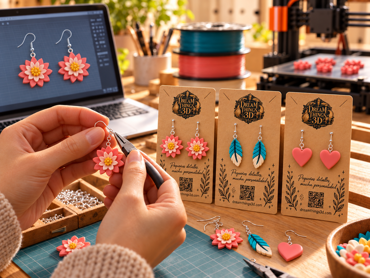 Personalización de pendientes 3D sobre nuestras tarjetas alargadas DreamThings3D
