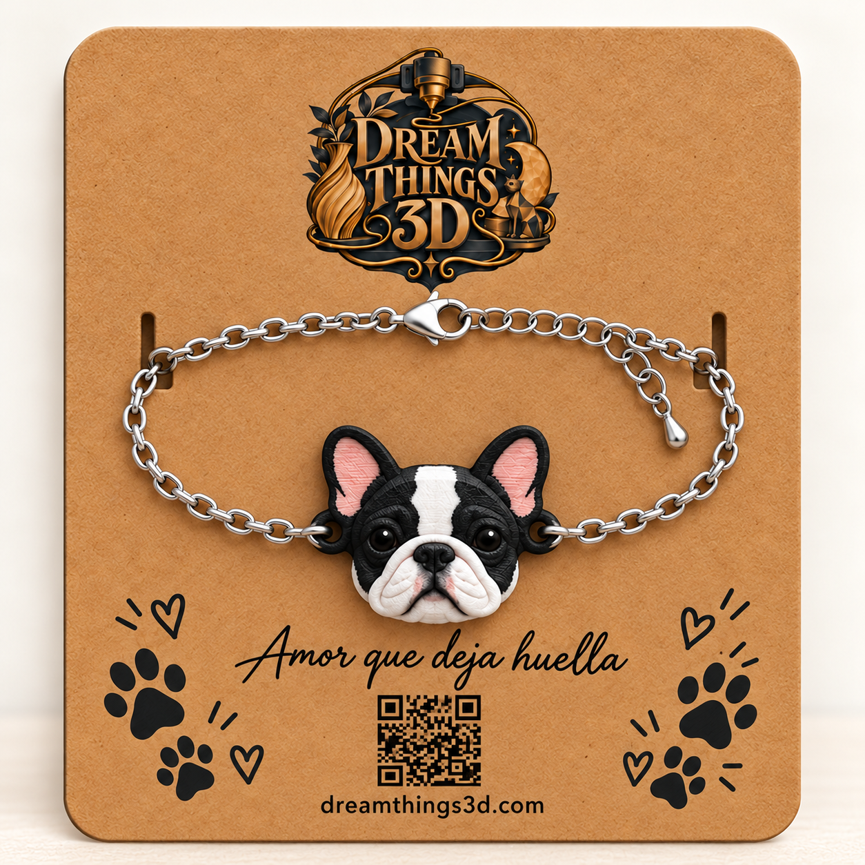 Pulsera Bulldog francés 3D con cadena