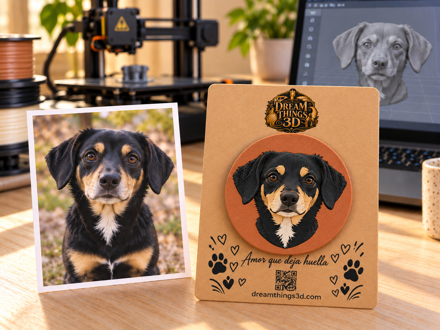 Ejemplo de posavasos personalizado a partir de la foto de una mascota, con tarjeta DreamThings3D