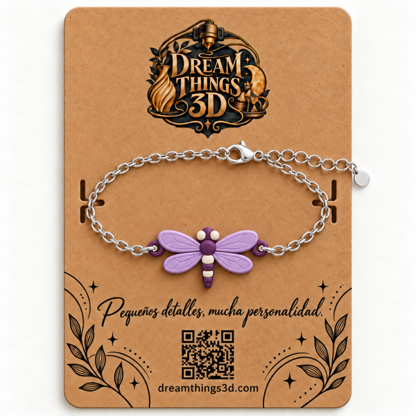 Pulsera Libélula amatista 3D con cadena