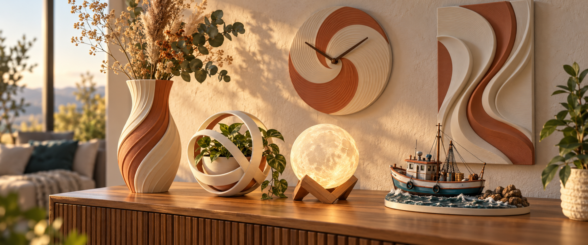 Reloj de pared en espiral, jarrón bicolor y macetero Órbita en impresión 3D sobre un aparador de madera