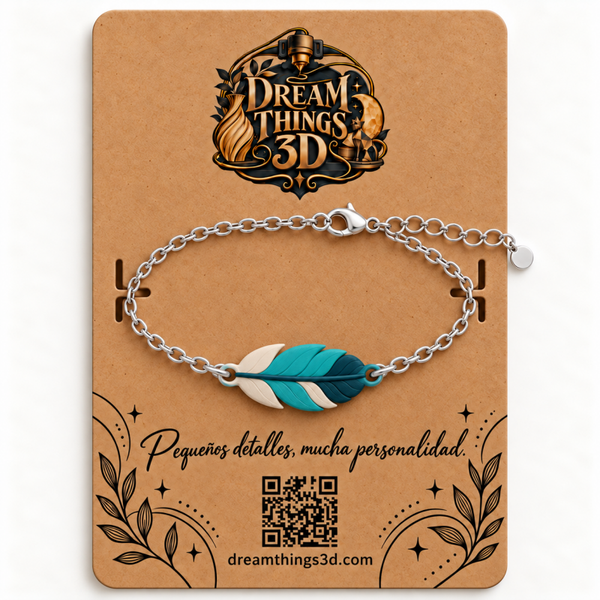 Pulsera Pluma bohemia 3D con cadena