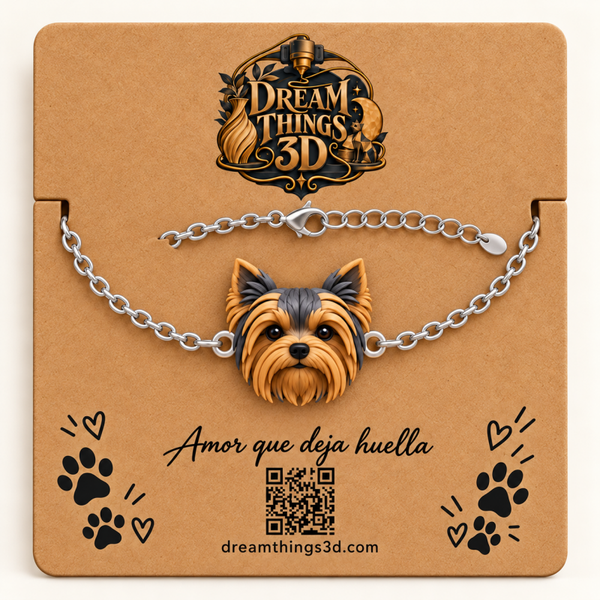 Pulsera Yorkshire terrier 3D con cadena