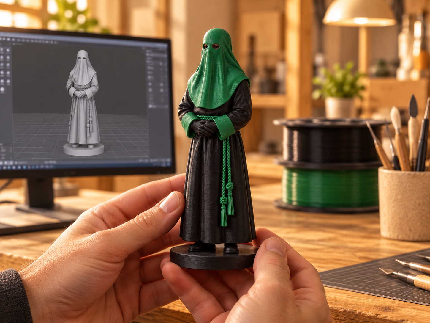 Ejemplo ilustrativo de una figura de papón y su diseño digital en un taller de impresión 3D