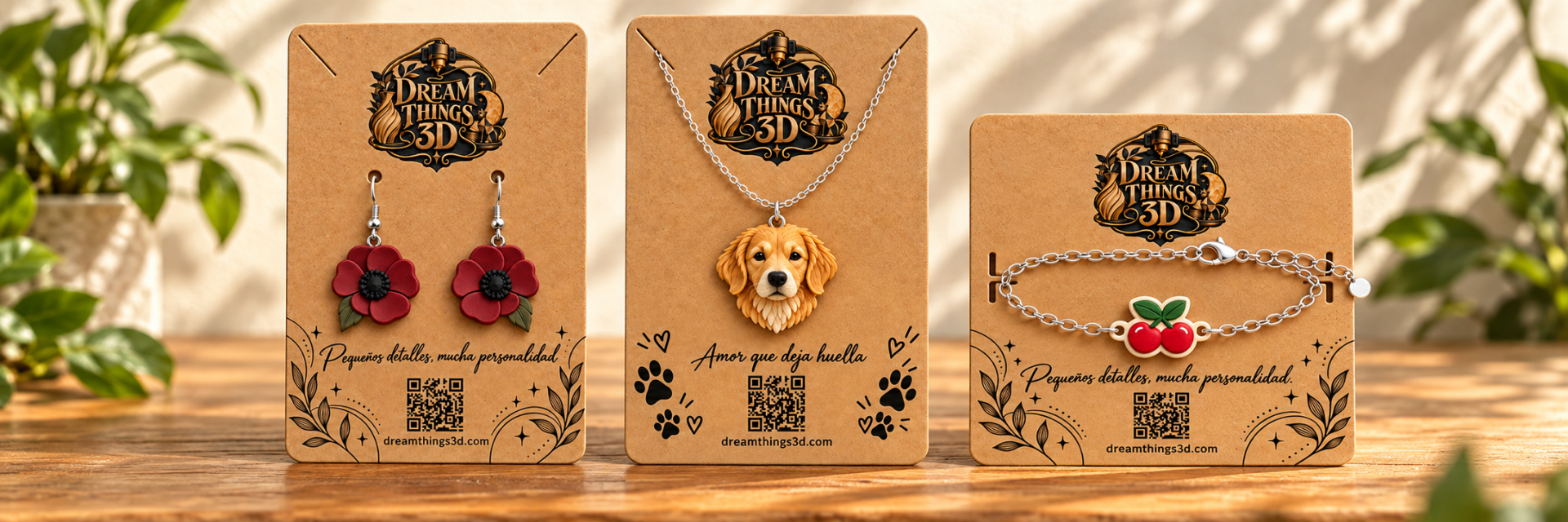 Pendientes Amapola burdeos, colgante Golden retriever y pulsera Cereza pop sobre nuestras tarjetas kraft