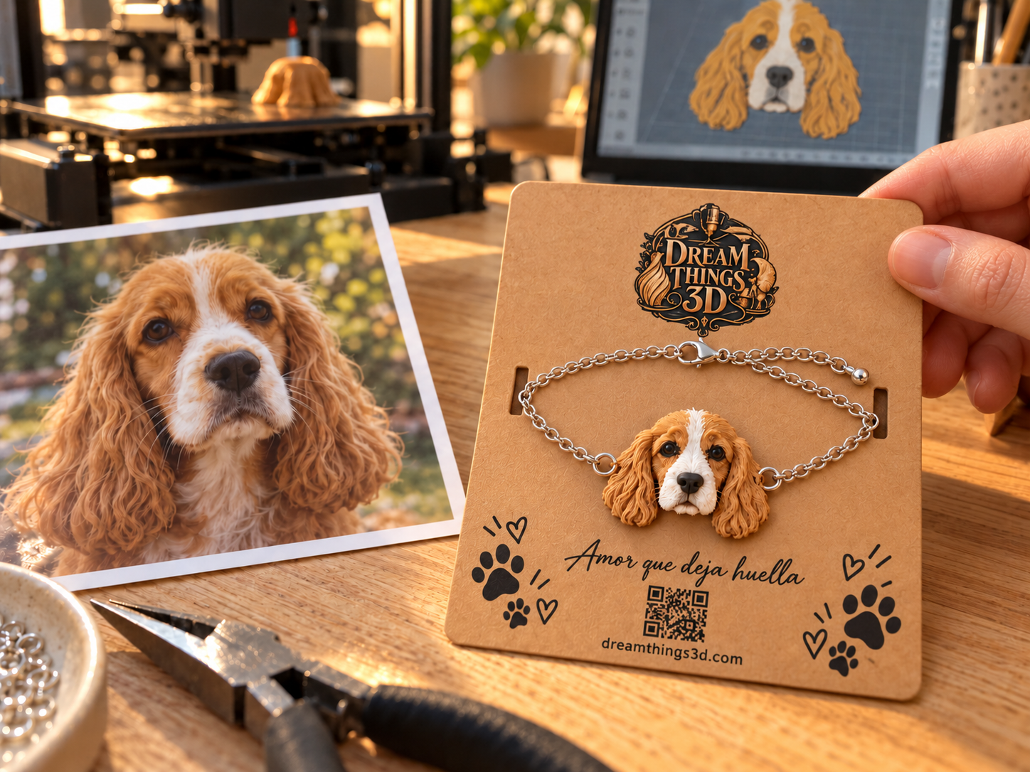 Ejemplo ilustrativo de una mascota convertida en pulsera personalizada DreamThings3D