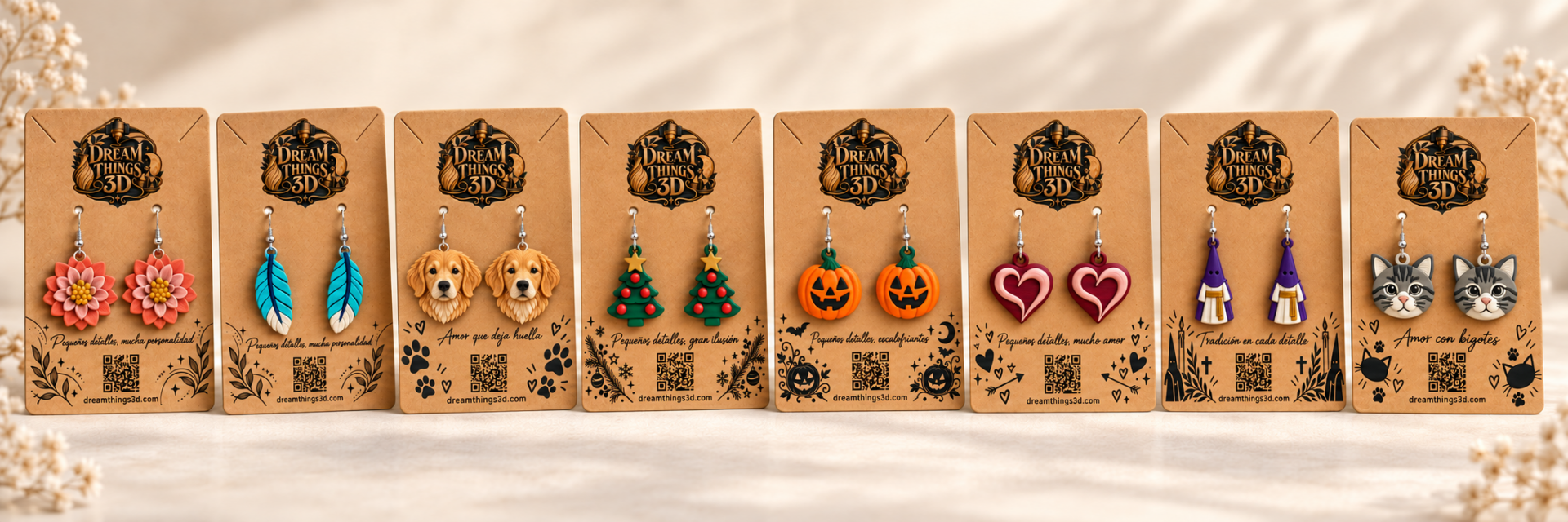 Colección de pendientes 3D: dalia, pluma, golden retriever, Navidad, Halloween, San Valentín, Semana Santa y gato sobre tarjetas kraft