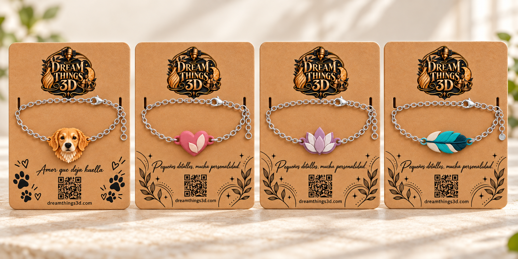 Colección de pulseras 3D con cadena de color plata: golden retriever, corazón, flor de loto y pluma sobre tarjetas kraft