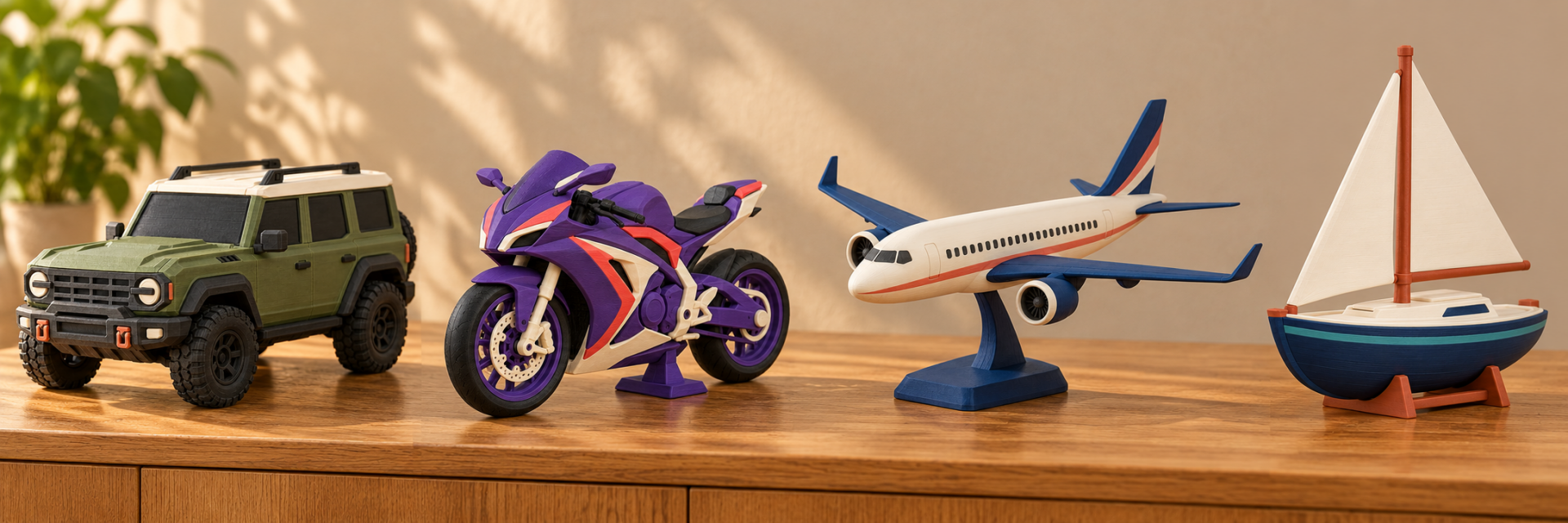 Miniaturas decorativas de todoterreno, moto deportiva, avión y velero en impresión 3D