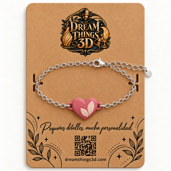 Pulsera Corazón pétalo 3D con cadena
