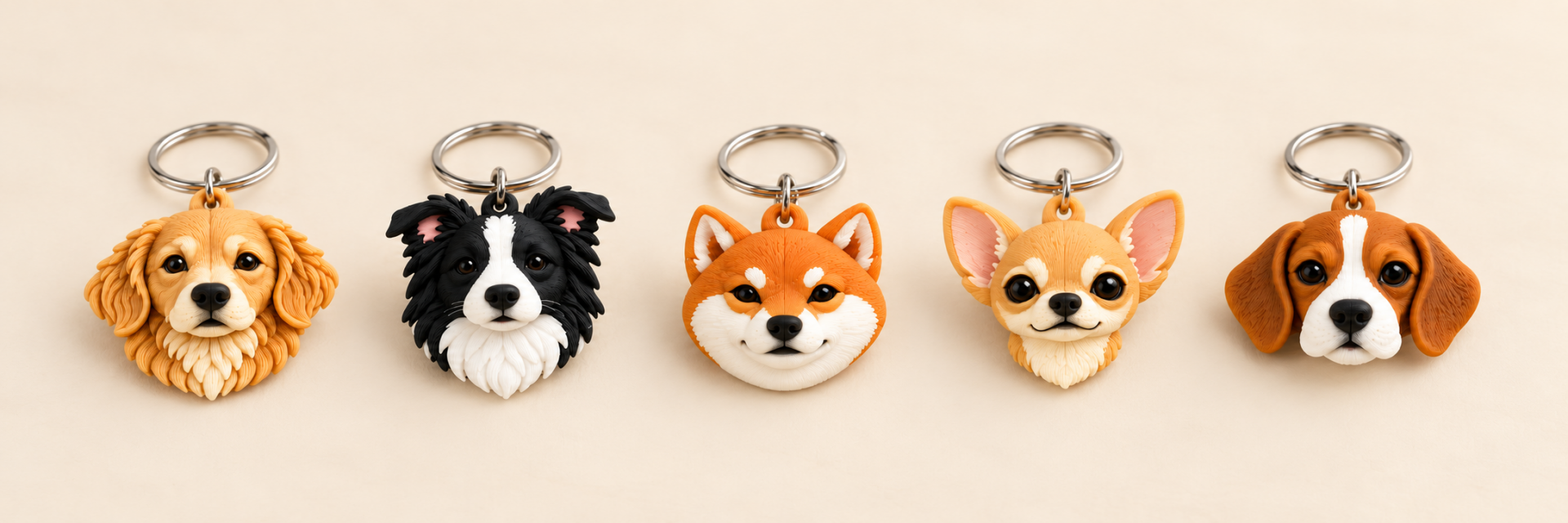 Colección de llaveros de razas de perro impresos en 3D y montados con anillas