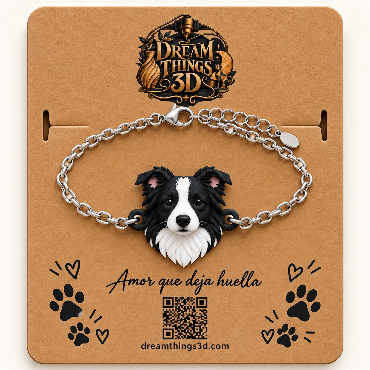 Pulsera Border collie 3D con cadena