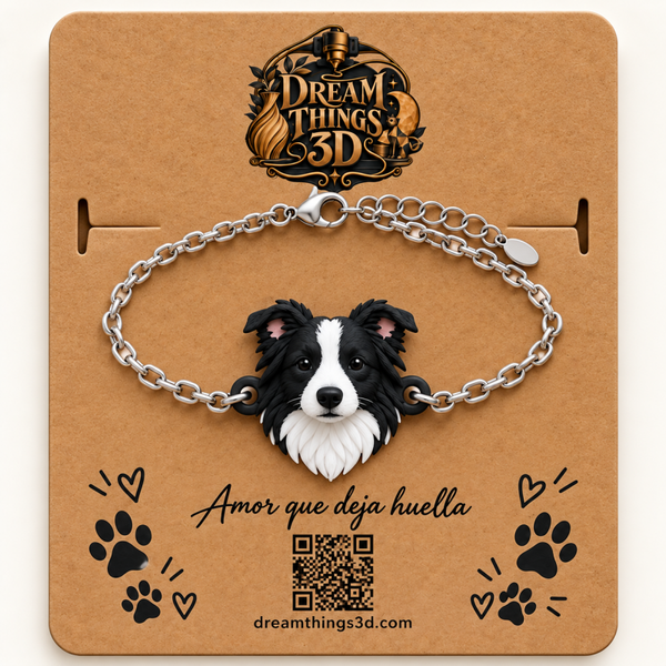 Pulsera Border collie 3D con cadena