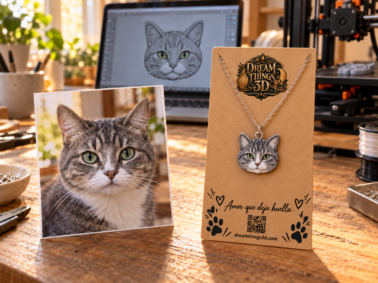 Ejemplo ilustrativo de un gato convertido en colgante personalizado DreamThings3D