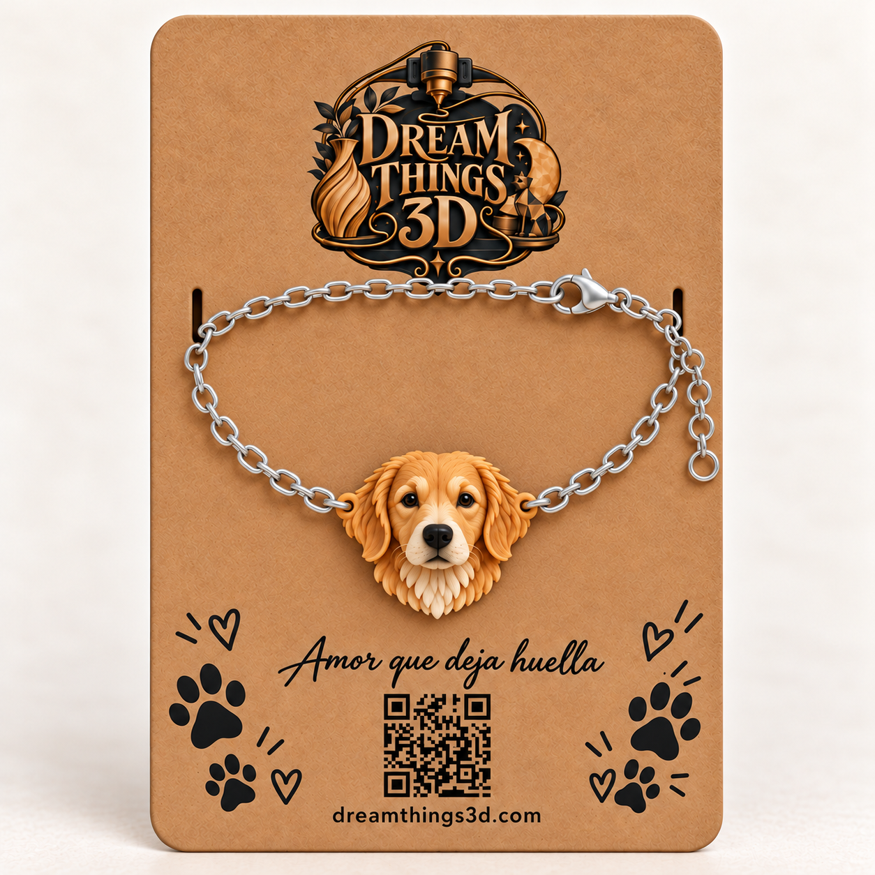 Pulsera Golden retriever 3D con cadena