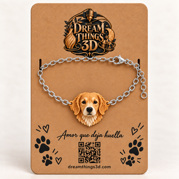 Pulsera Golden retriever 3D con cadena