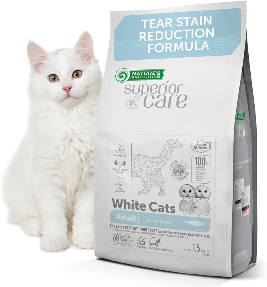 Dry grain free pet food with herring for adult all breed cats with white coat