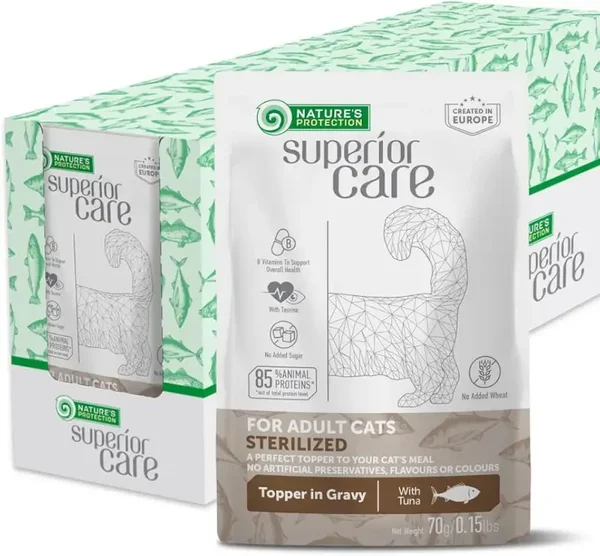 Nature's Protection Superior Care Wet Sterilized Cat Food, Tuna 24x 70g Soft Topper in Juicy Gravy, Everyday Feeding, Indoor Adult Cats, High Protein, 24 Pouches