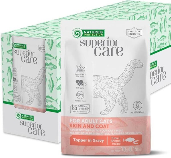 Nature's Protection Superior Care Wet Cat Food, Tuna & Shrimp 24x 70g Soft Topper in Juicy Gravy, Everyday Feeding, Indoor Adult Cats, Skin & Coat Support, 24 Pouches