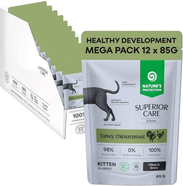Nature's Protection Superior Care Wet Kitten Food, Turkey & Chicken 12x 85g Highly Digestible & Healthy Growth Support, Hypoallergenic, Fillets in Juicy Gravy, Everyday Feeding, 12 Pouches