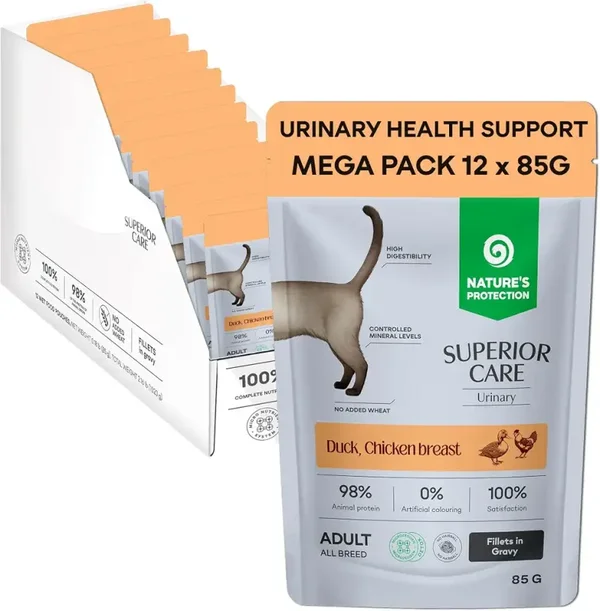 Nature's Protection Superior Care Wet Cat Food, Duck & Chicken 12x 85g With Cranberries, Urinary Health Support, Fillets in Juicy Gravy, Everyday Feeding, Adult Cats, 12 Pouches