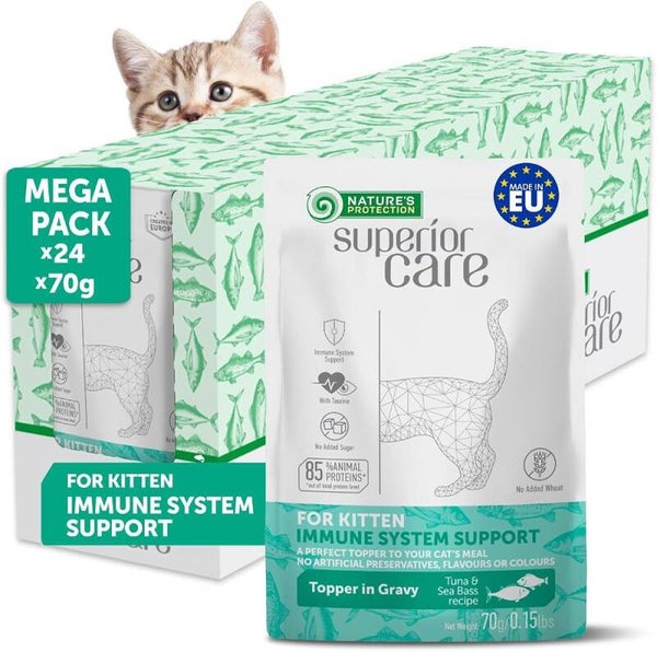 Nature's Protection Superior Care Wet Kitten Food Pouches, Tuna 24x 70g With Sea Bass, Soft Topper in Juicy Gravy, Everyday Feeding, Indoor Kitten, Immunity Support, 24 Pouches
