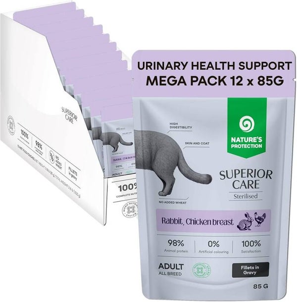 Nature's Protection Superior Care Wet Cat Food, Rabbit & Chicken 12x 85g With Cranberries, Healthy Weight & Urinary Support, Fillets in Juicy Gravy, Everyday Feeding, Adult Sterilised, 12 Pouches
