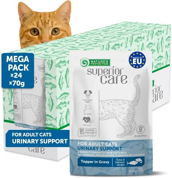 Nature's Protection Superior Care Wet Cat Food, Tuna & Salmon 24x 70g Soft Topper in Juicy Gravy, Everyday Feeding, Indoor Adult Cats, Urinary Support, 24 Pouches