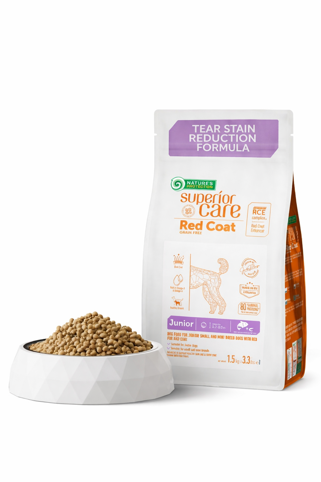 Dry grain free food for junior dogs of small breeds with red coat, with salmon