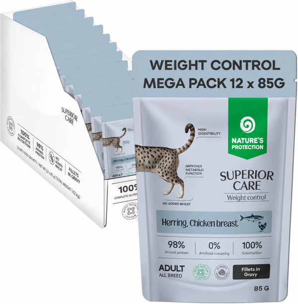 Nature's Protection Superior Care Complete Wet Food for Adult Cats in Pouches, Hypoallergenic with Herring and Chicken Breast, Weight Control and Muscle Support, 12 x 85g