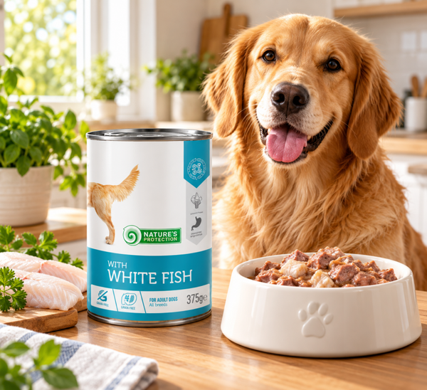 Nature's Protection is a Super Premium canned pet food for Adult Dogs of all breeds with White fish, served in a delicious broth and supplemented with minerals 375g