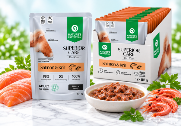 Grain free wet pet food with salmon and krill for adult all breed dogs with red coat 85g