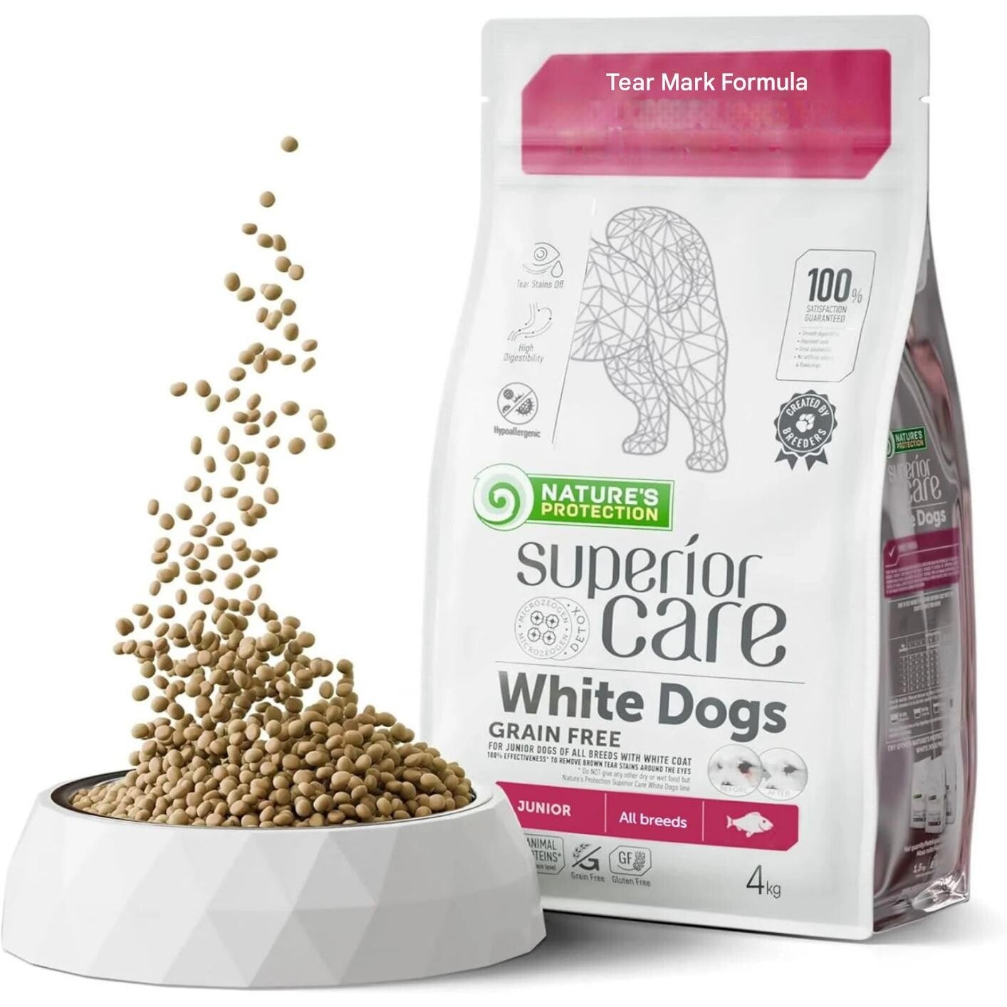 Dry grain free pet food with white fish for junior dogs of all sizes with white coat