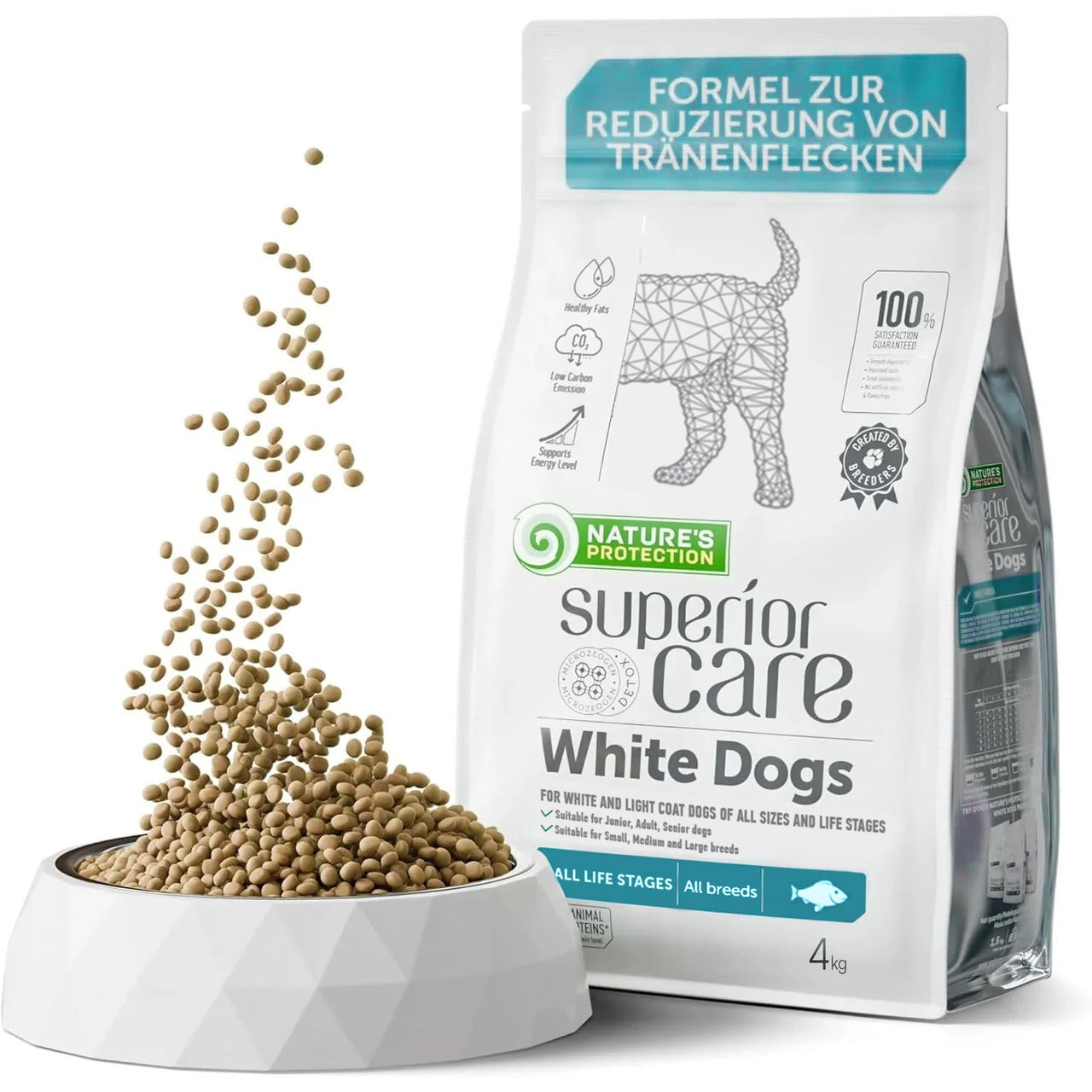 NATURE'S PROTECTION SUPERIOR CARE dry grain free pet food with white fish for dogs of all sizes and life stages with white coat