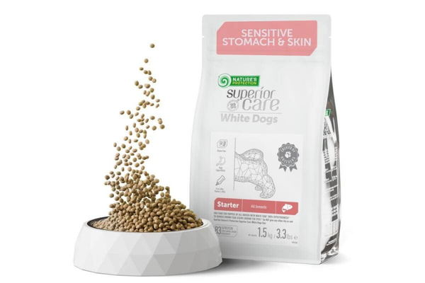 Dry grain free food for puppies of all breeds white coat, salmon