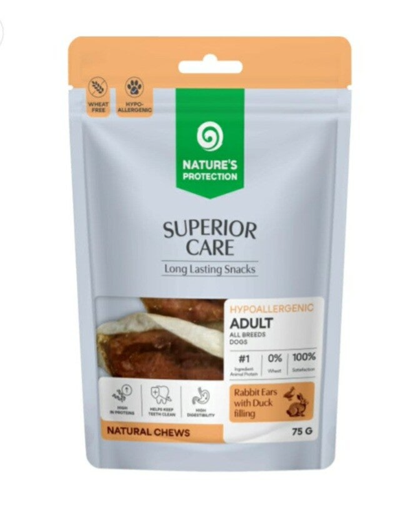 SUPERIOR CARE dog snack rabbit ear with duck filling for adult all breed dogs 75g