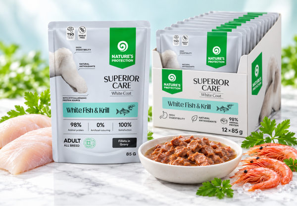 Grain free wet pet food with white fish and krill for adult all breed dogs with white coat 85 g