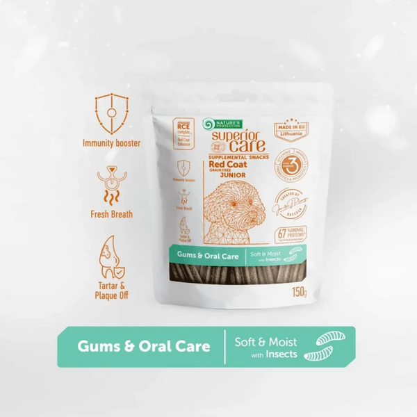 Complementary grain free feed – snacks for free gums and oral care with insects for adult  all breed dogs with red coat 150 g