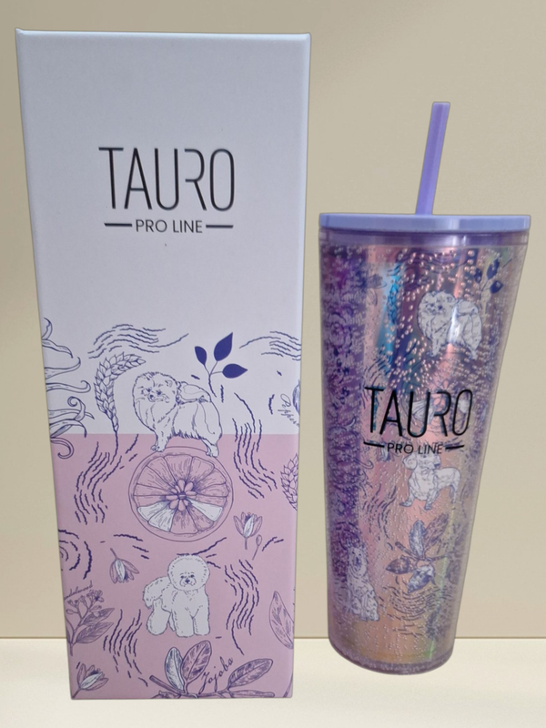 TAURO PRO LINE plastic mug with lid and straw, unique design, pink with purple details 750 ml