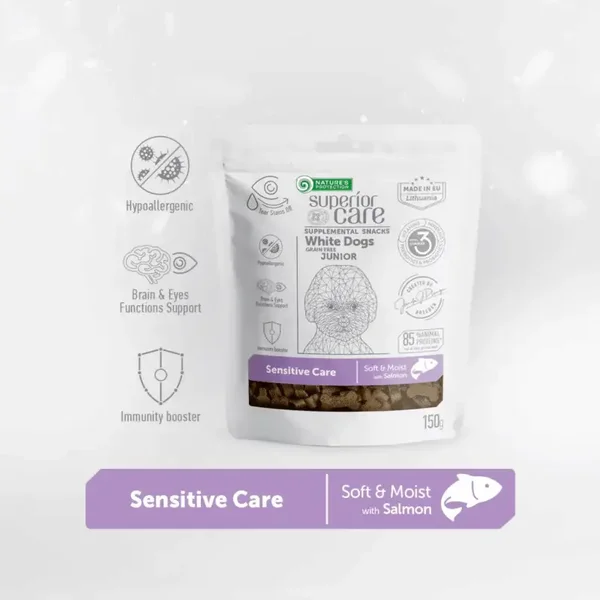 Complementary grain free feed – snacks for sensitive care with salmon for junior all breed dogs with white coat 150 g