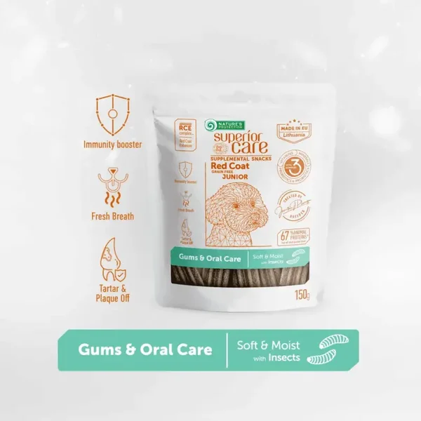 Complementary grain free feed – snacks for free gums and oral care with insects for junior all breed dogs with red coat 150 g